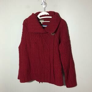 Carraigdonn Irish merino wool womens L cable knit fisherman cardigan red sweater